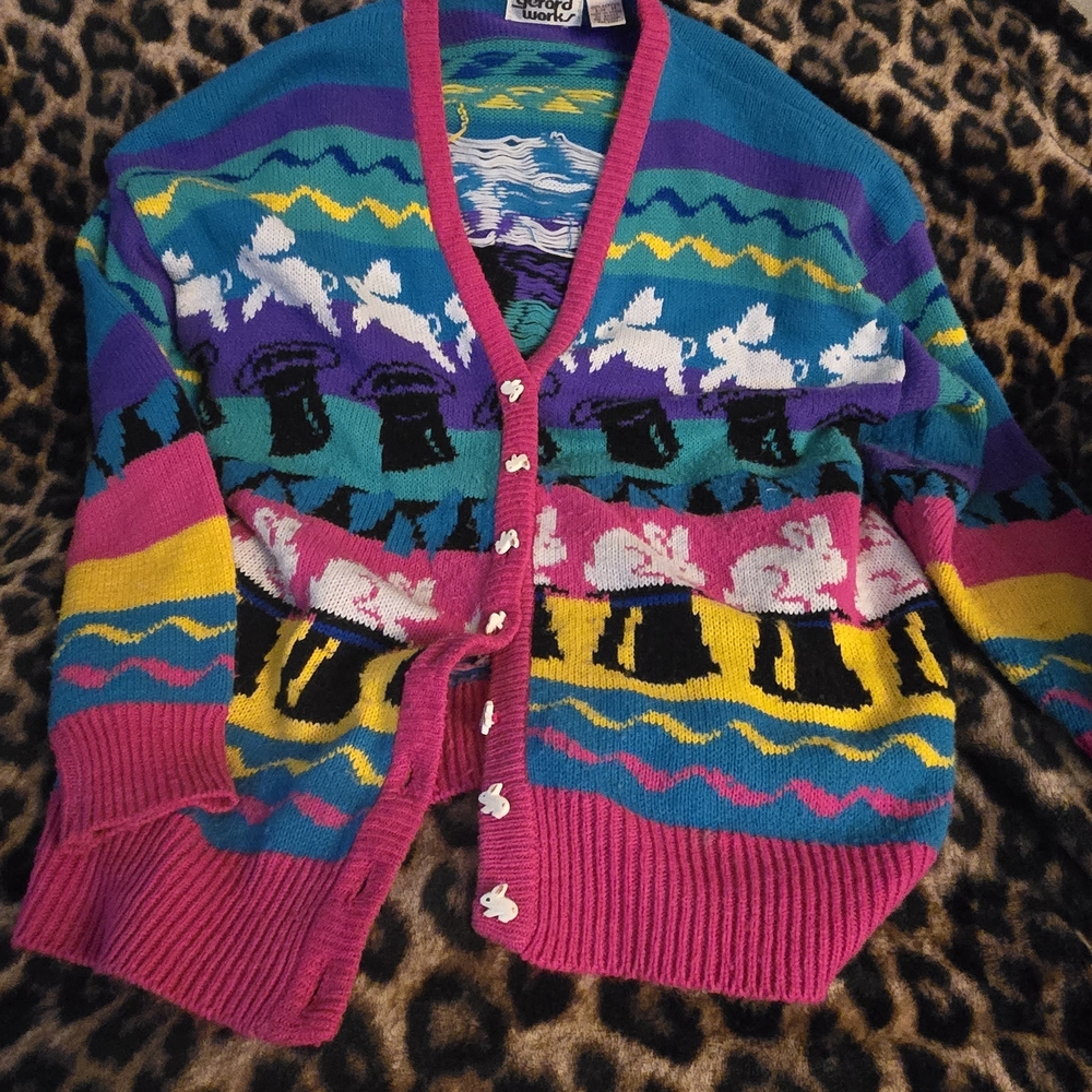 Vintage 80's 90's Sweater!! Kawaii To The Max! Rabbit Magician Print!